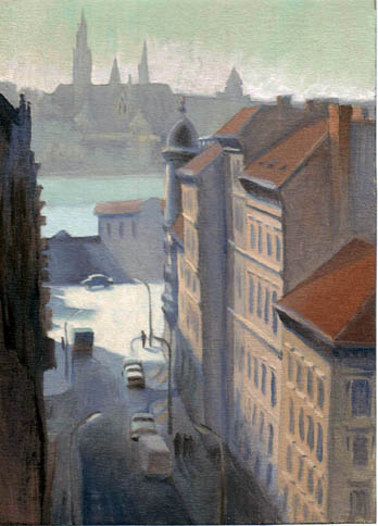 oil painting cityscape of budapest downtown